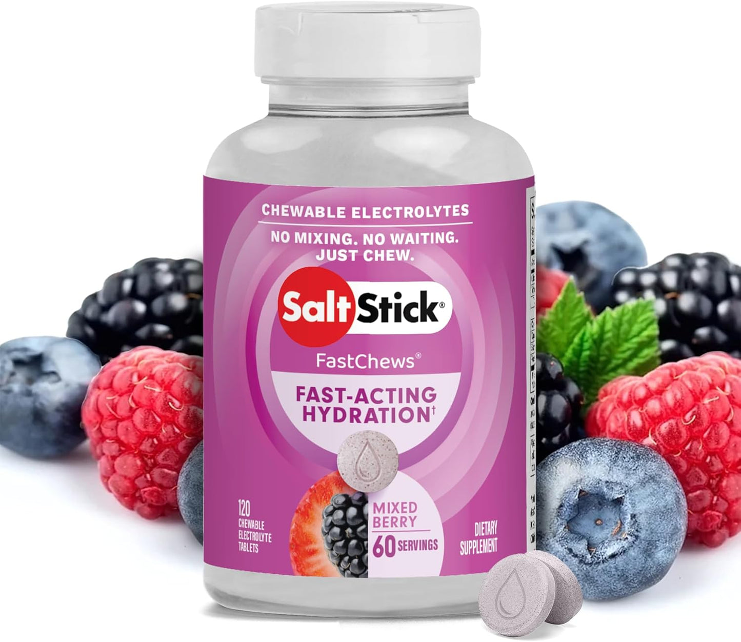 Mixed Berry SaltStick Electrolyte FastChews - Chewable Salt Tablets for Runners - Hydration Chews - 120 Count