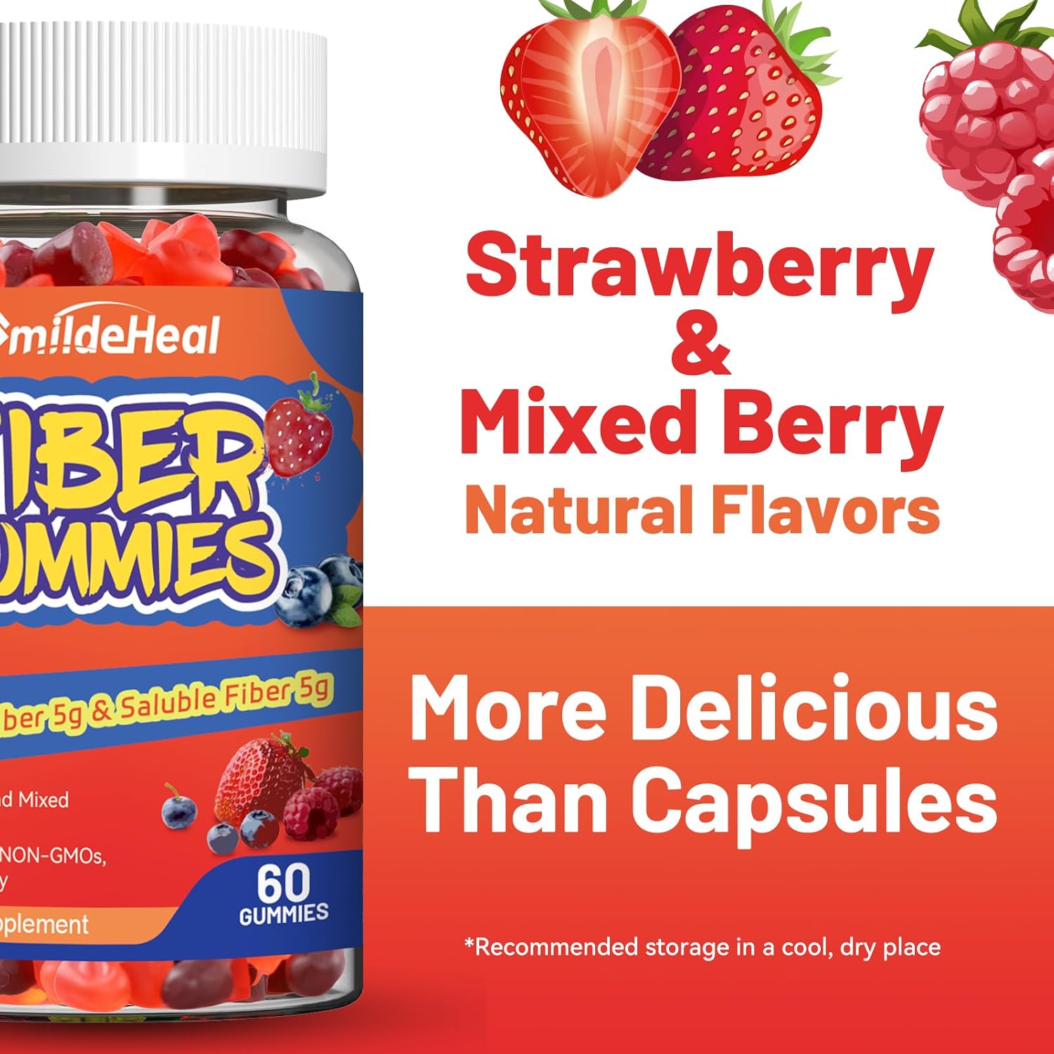 Mixed Berry & Strawberry Fiber Gummies for Gut Health Support - 120 Count, Non-GMO, Vegan, Women and Men Dietary Supplement