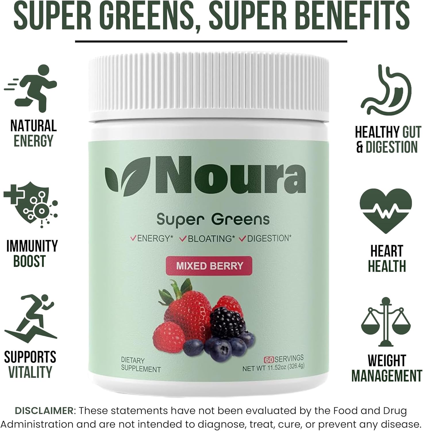 Mixed Berry Super Greens Powder for Women - 60 Servings of Immunity & Digestive Support with Probiotics, Enzymes, and Energy Boost - Gut Health and Bloating Relief - Greens Superfood Formula