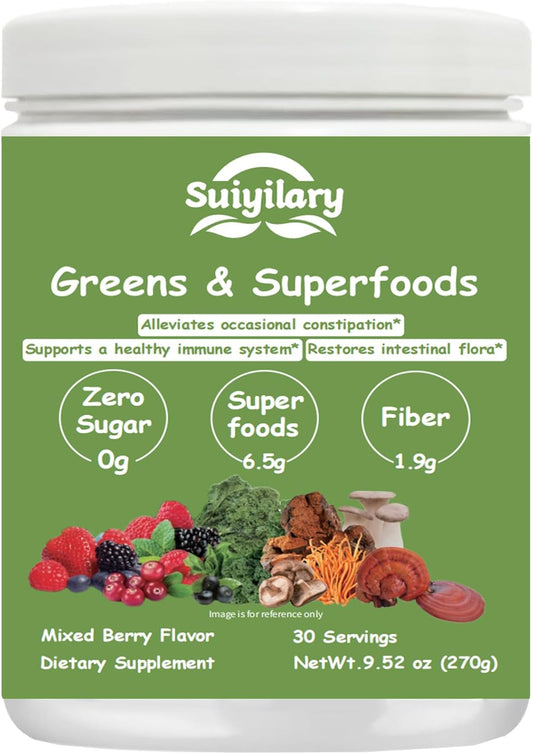 Mixed Berry Super Greens Powder with 50+ Superfoods Blend - No Sugar, Fiber, Fruits, Vegetables, Spirulina, Chlorella, Mushrooms, Antioxidants, Prebiotics & Probiotics, Digestive Enzymes