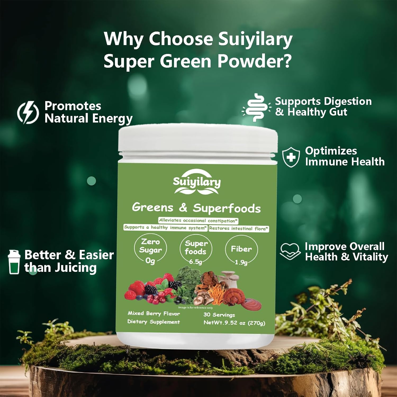Mixed Berry Super Greens Powder with 50+ Superfoods Blend - No Sugar, Fiber, Fruits, Vegetables, Spirulina, Chlorella, Mushrooms, Antioxidants, Prebiotics & Probiotics, Digestive Enzymes