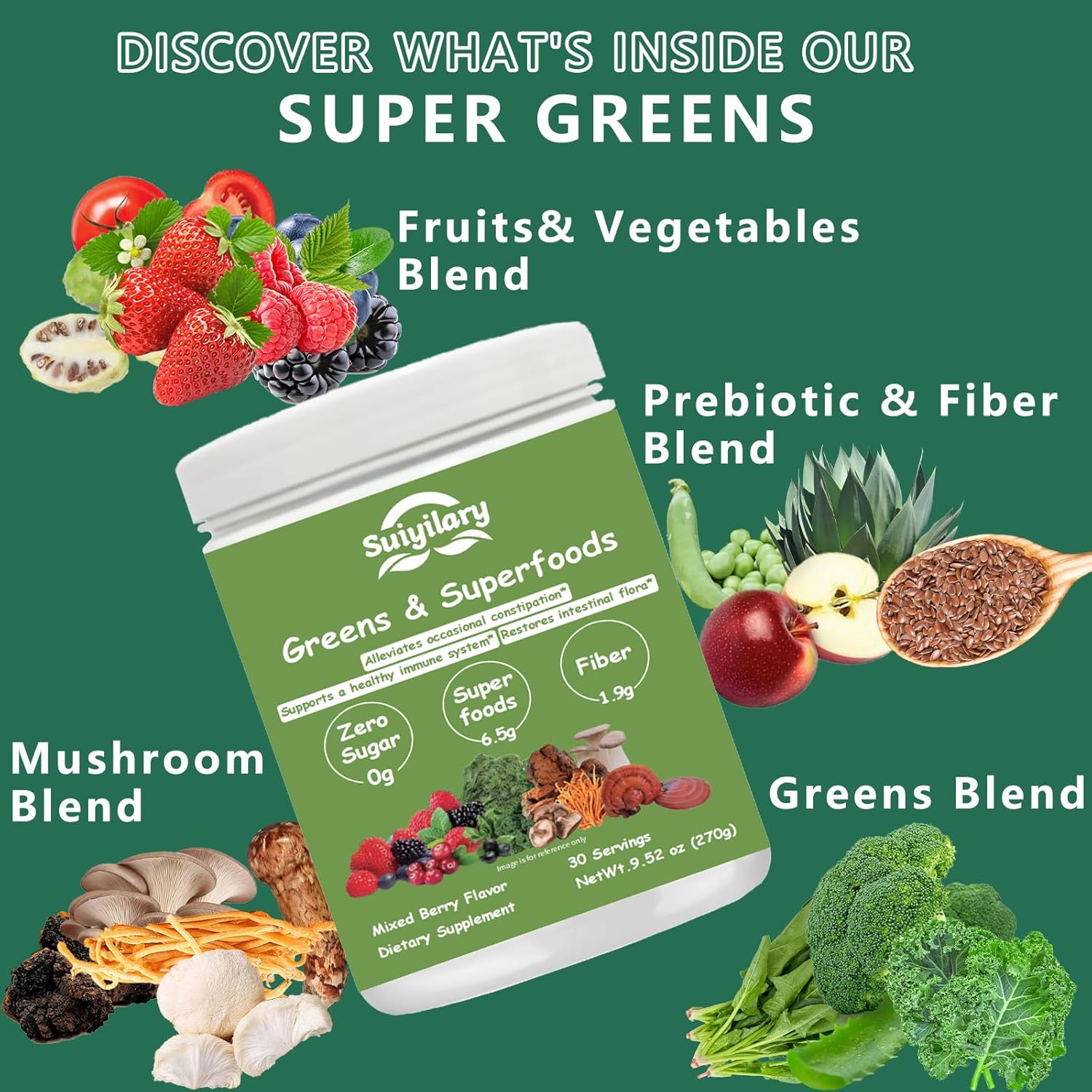 Mixed Berry Super Greens Powder with 50+ Superfoods Blend - No Sugar, Fiber, Fruits, Vegetables, Spirulina, Chlorella, Mushrooms, Antioxidants, Prebiotics & Probiotics, Digestive Enzymes