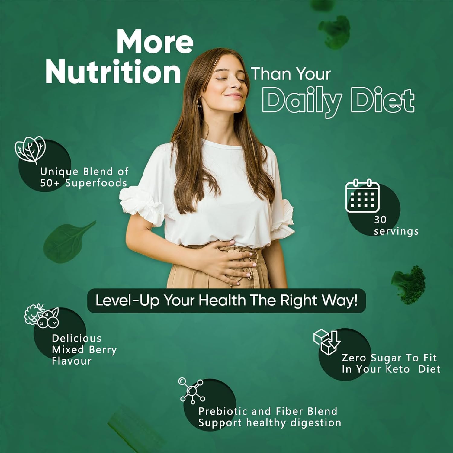 Mixed Berry Super Greens Powder with 50+ Superfoods Blend - No Sugar, Fiber, Fruits, Vegetables, Spirulina, Chlorella, Mushrooms, Antioxidants, Prebiotics & Probiotics, Digestive Enzymes