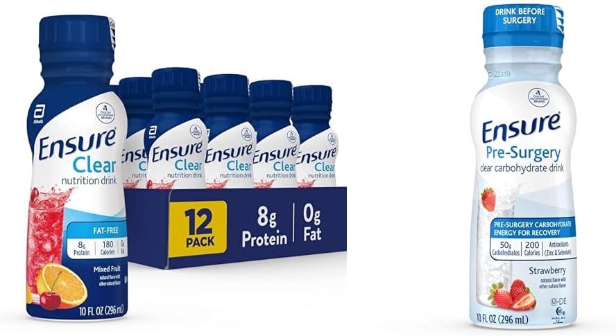 Mixed Fruit Ensure Clear Nutrition Liquid Drink - Pack of 12 (10 Fl Oz) & Strawberry Ensure Pre-Surgery Clear Carbohydrate Drink - Pack of 4 (10 Fl Oz)