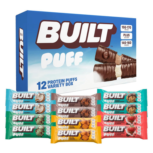 Mixed Sampler 12 Pack of Built Bar Built Puff High Protein Bars with Collagen - On-the-go Breakfast Snacks