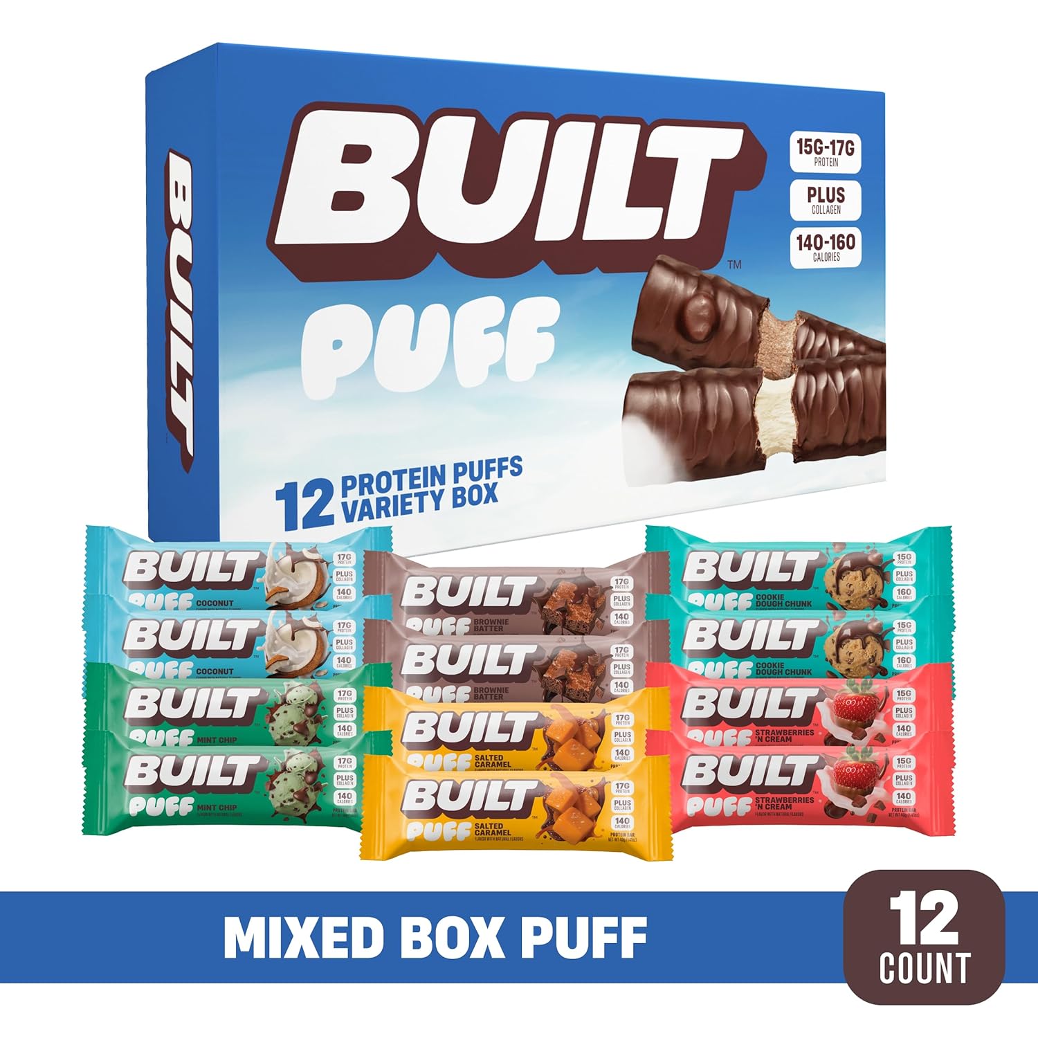 Mixed Sampler 12 Pack of Built Bar Built Puff High Protein Bars with Collagen - On-the-go Breakfast Snacks