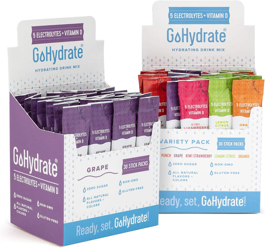 Mixed30 and Grape GoHydrate Electrolyte Hydration Drink Mix with Vitamin D - Non GMO Powder Pack
