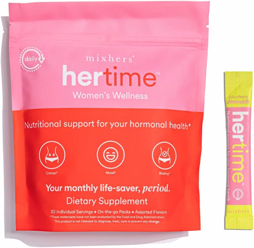 MIXHERS Hertime Hormone Balance Supplement for Women - PMS & Menstrual Relief with Minerals, Peony Roots, Siberian Ginseng - 15 Drink Packets - Sugar Free Strawberry Lemonade