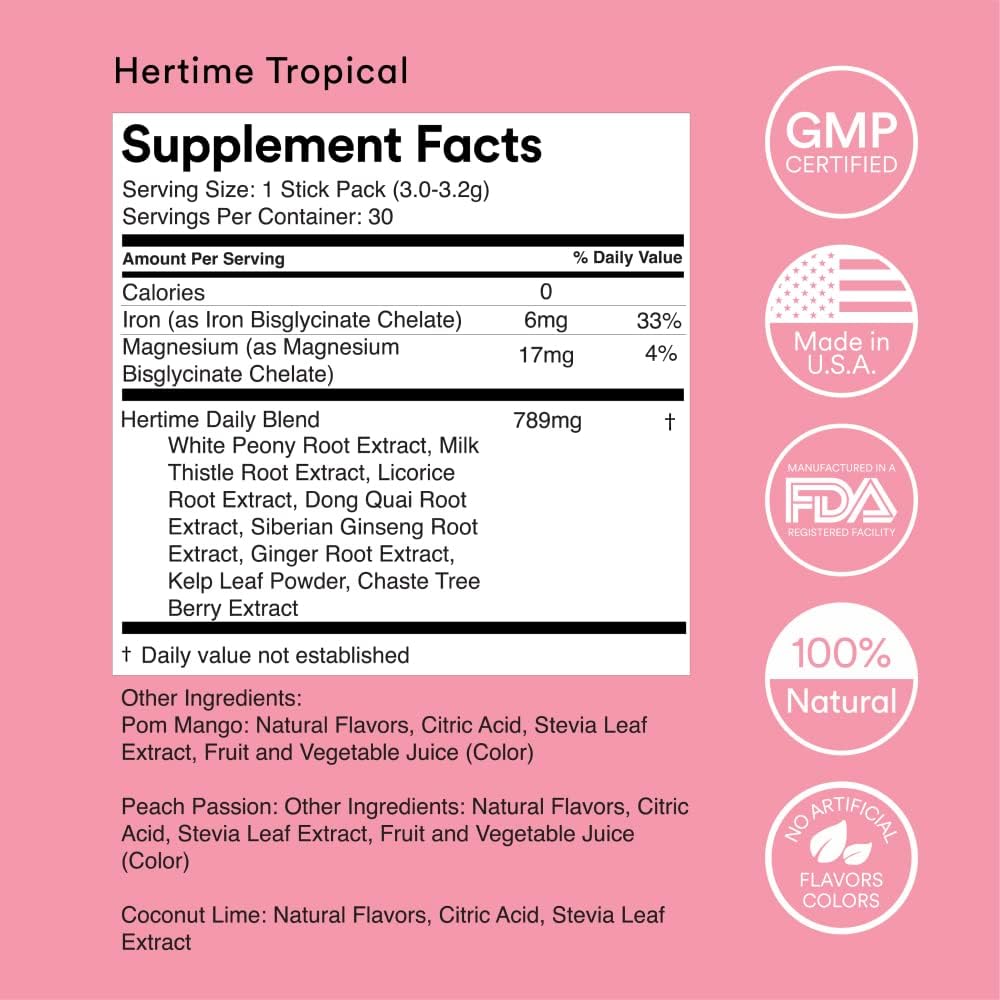 MIXHERS Hertime Hormone Balance Supplement for Women - PMS & Menstrual Relief with Minerals, Peony Roots, Siberian Ginseng - 15 Drink Packets - Sugar Free Strawberry Lemonade