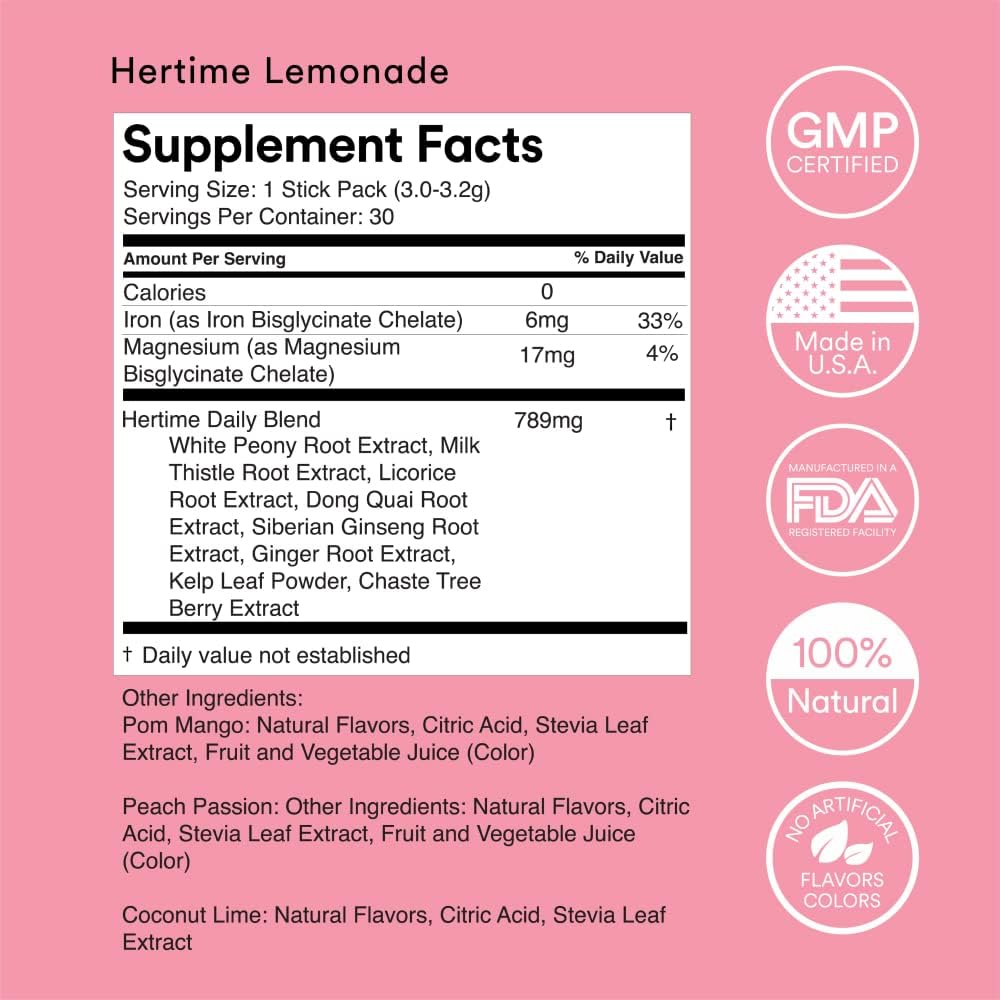 MIXHERS Hertime Hormone Balance Supplement for Women - PMS & Menstrual Relief with Minerals, Peony Roots, Siberian Ginseng - 15 Drink Packets - Sugar Free Strawberry Lemonade
