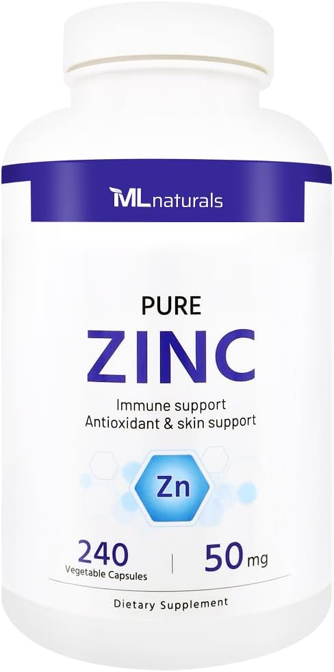 ML Naturals Pure Zinc 50 mg 240 Vegetable Capsules - Immune System Support, Antioxidant, Skin Health