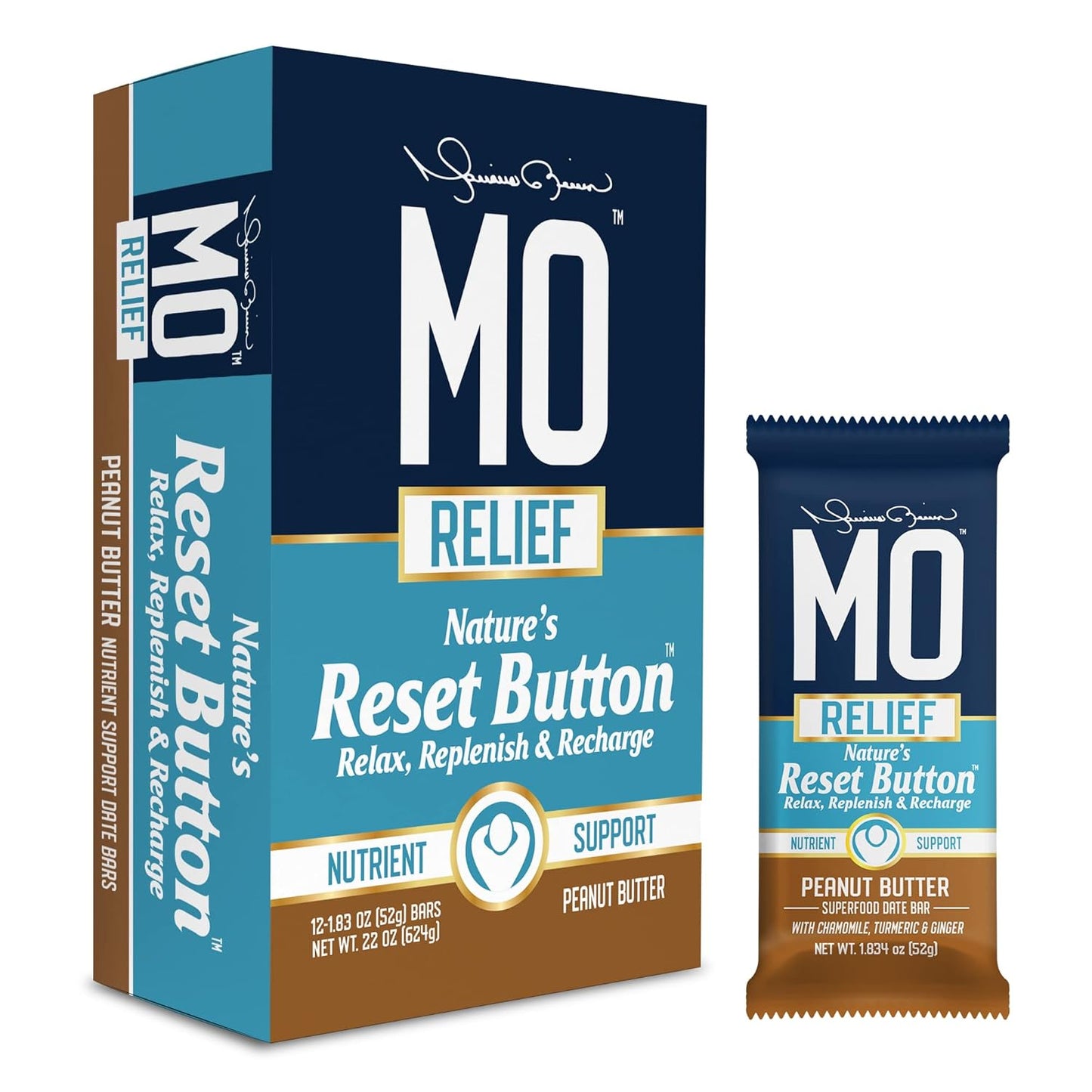 Mo Relief Superfood Snack Bars - All-Natural Recovery Support with Dates, Chamomile, Turmeric, Ginger - 12 Bars (Peanut Butter)