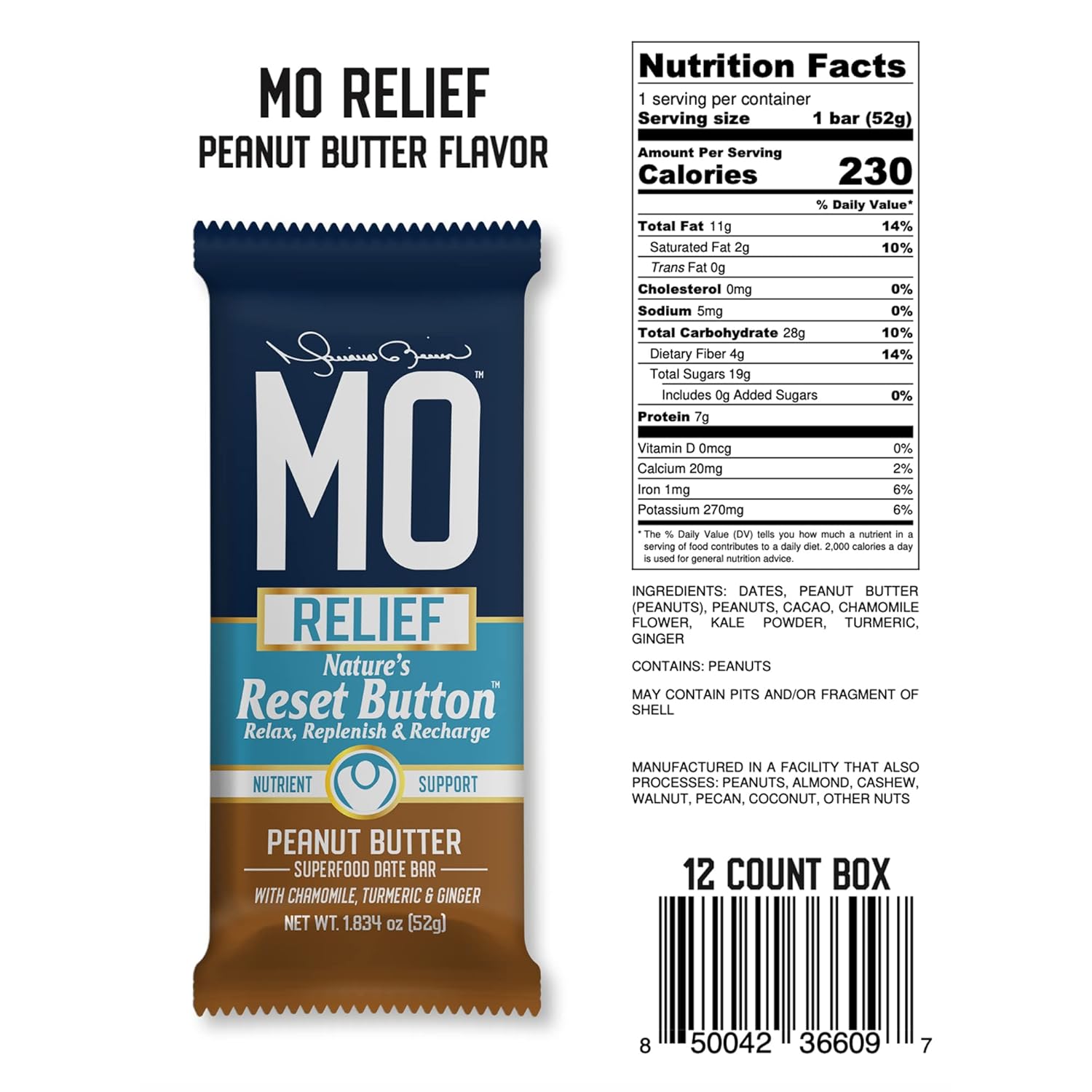 Mo Relief Superfood Snack Bars - All-Natural Recovery Support with Dates, Chamomile, Turmeric, Ginger - 12 Bars (Peanut Butter)