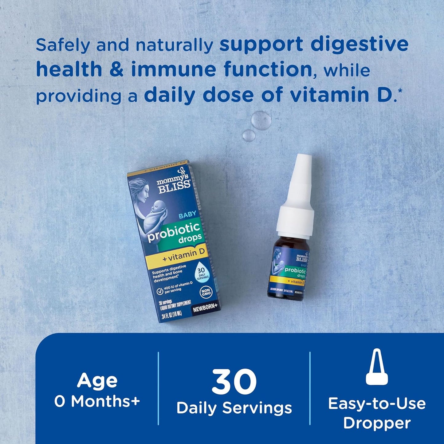 Mommy's Bliss Baby Probiotic Drops with Vitamin D - Supports Digestive Health & Immunity - 400IU Vitamin D for Healthy Bone Development - Flavorless - 0.34 Fl Oz