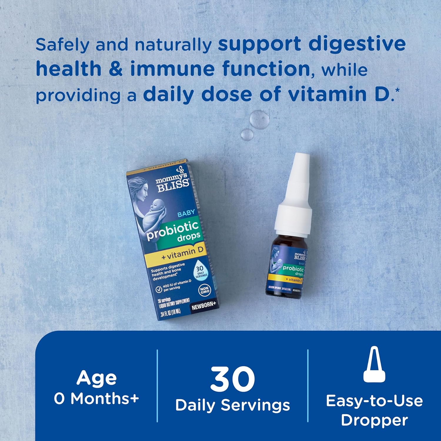 Mommy's Bliss Baby Probiotic Drops with Vitamin D - Supports Digestive Health & Immunity - 400IU Vitamin D for Healthy Bone Development - Flavorless - 0.34 Fl Oz