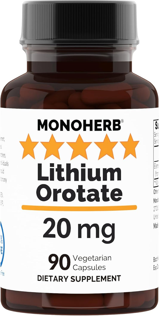 MONOHERB Lithium Orotate Capsules - 20mg Elemental Lithium - 90 Vegetarian Capsules