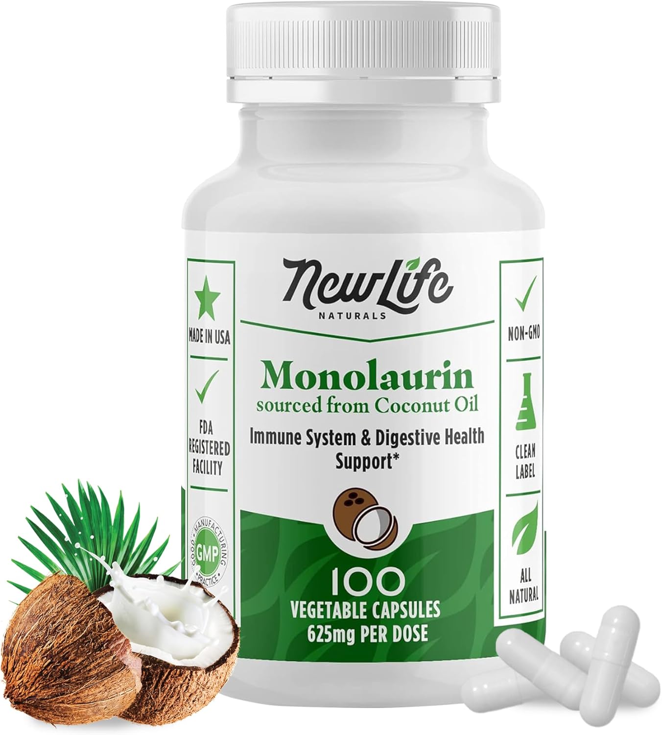 Monolaraurin Dietary Supplement - 625mg Monolaurin & Lauric Acid for Immune & Digestive Health - 100 Capsules