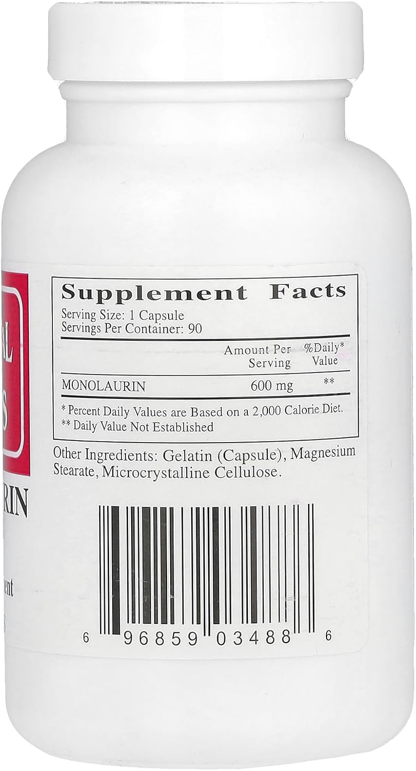 Monolaurin 600mg Capsules - 90 Count, Ecological Formulas, Creamy White Formula