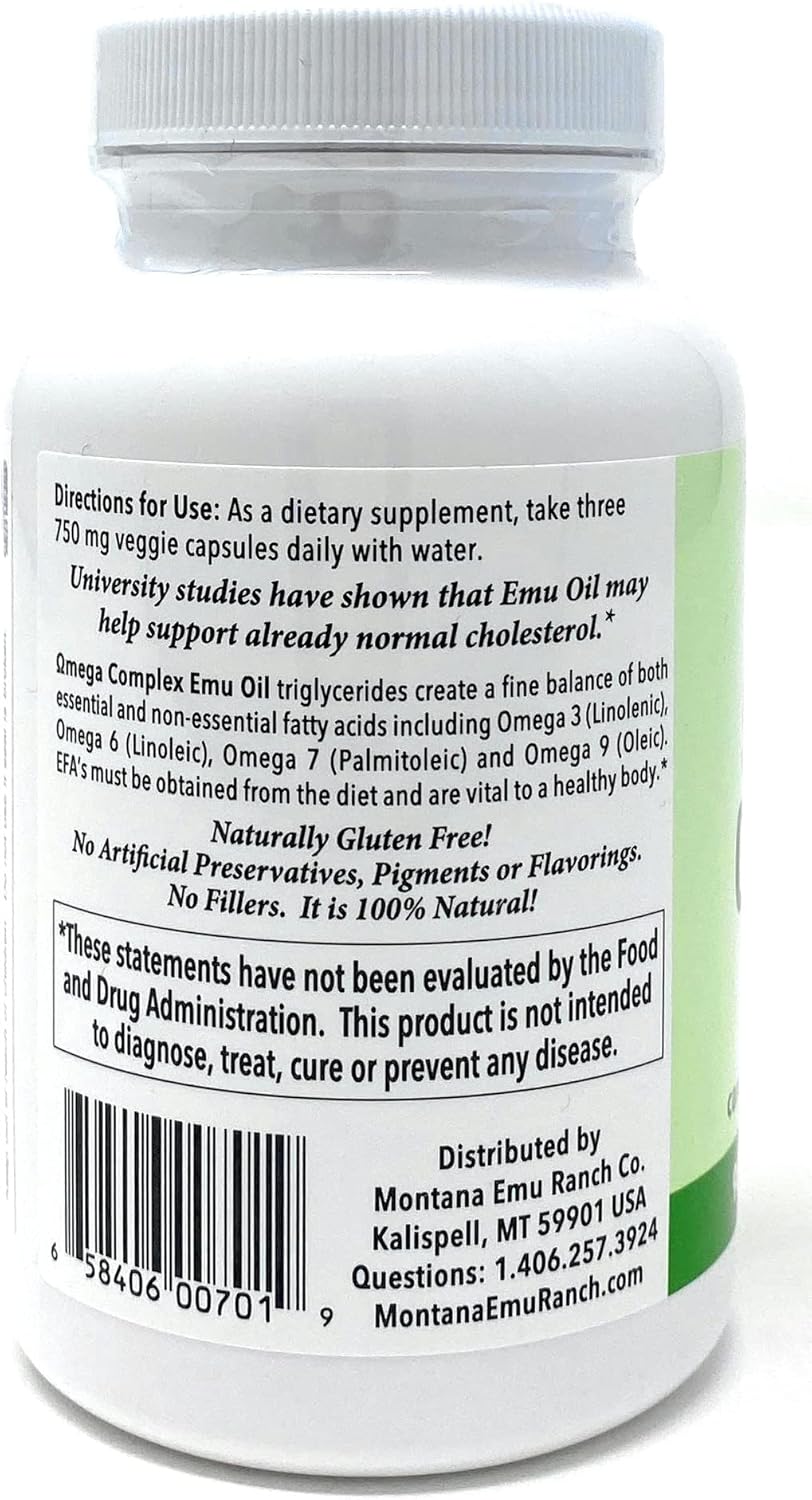 Montana Emu Ranch Emutrients Omega Complex Emu Oil Capsules - 750mg (90 count) - Dietary Supplement for Heart Health - Omegas 3, 6, 7, 9