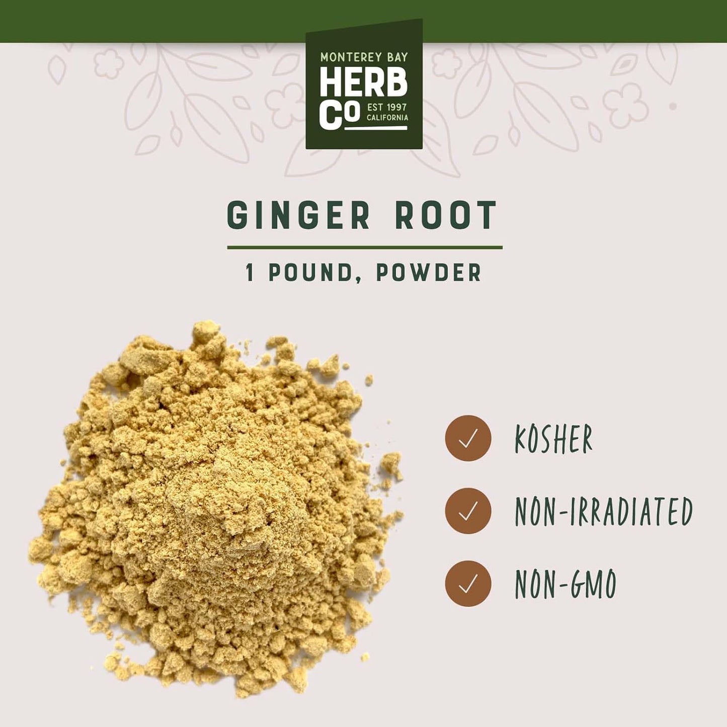 Monterey Bay Herb Co. Ginger Root Powder - Versatile Pungent Spice for Cooking, Bath Soaks & Body Scrubs - 1 lb Powder