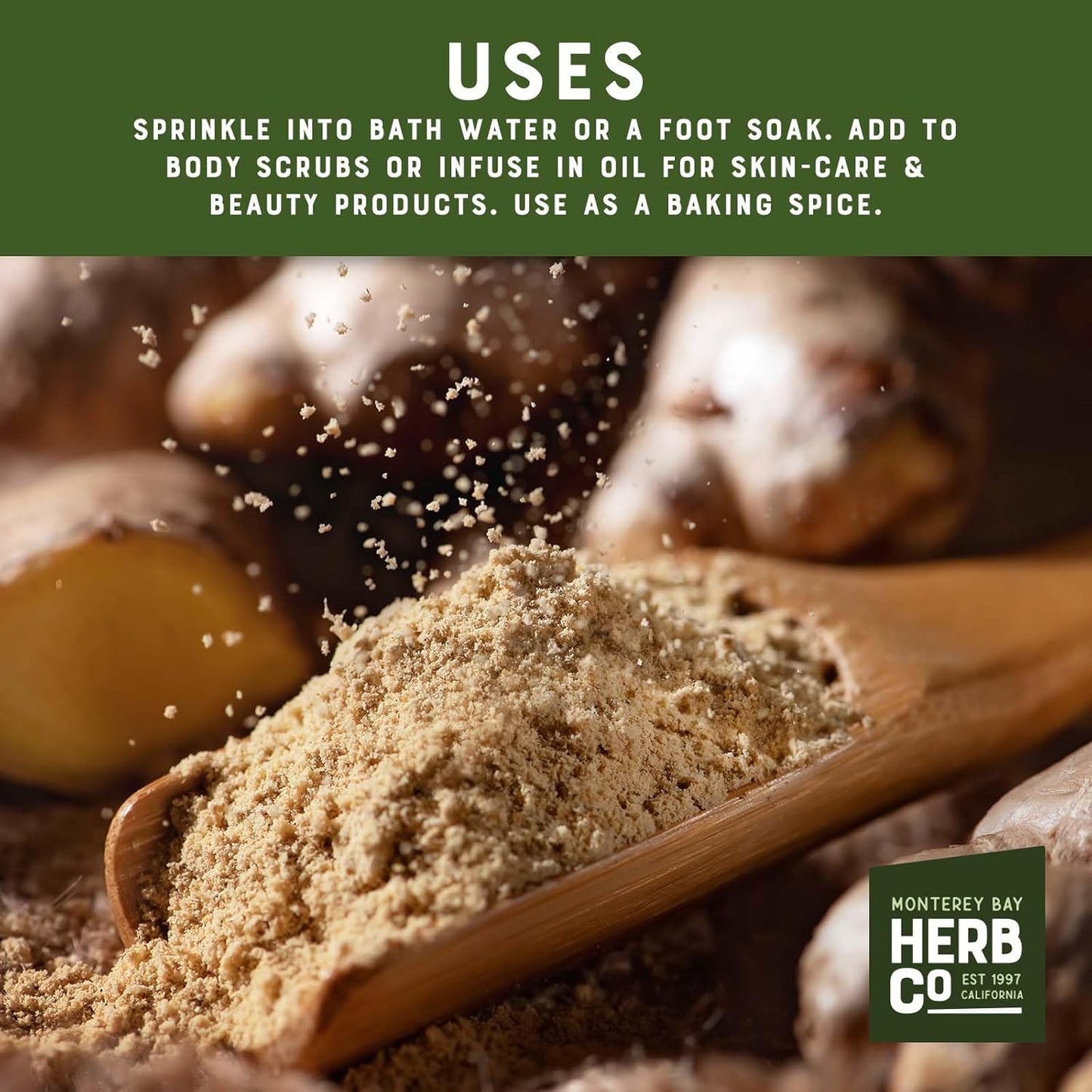 Monterey Bay Herb Co. Ginger Root Powder - Versatile Pungent Spice for Cooking, Bath Soaks & Body Scrubs - 1 lb Powder