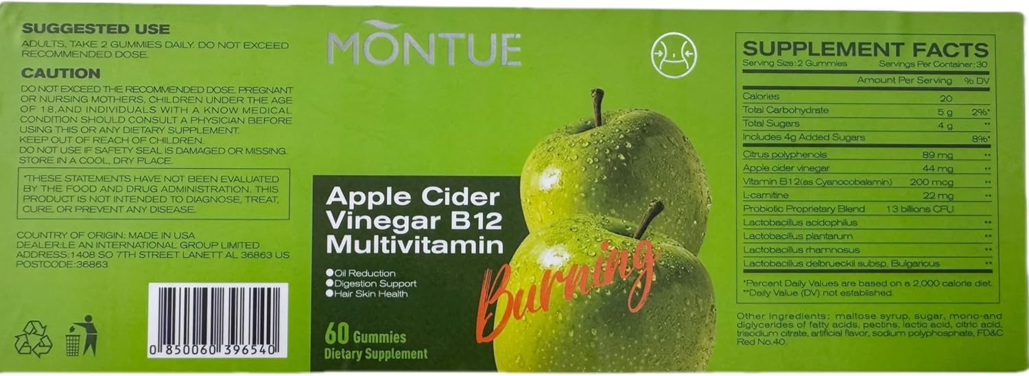 Montue Apple Cider Vinegar Gummies with B12 Multivitamin - Vegetarian ACV Supplement for Energy & Gut Health - 60 Gummies