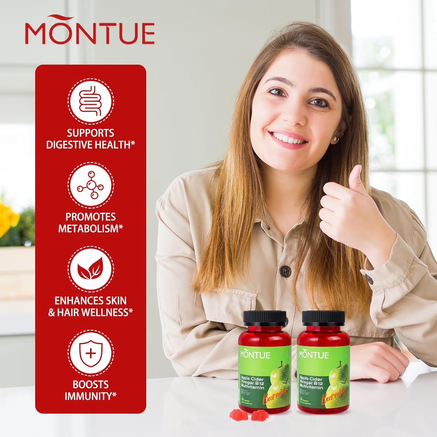 Montue Apple Cider Vinegar Gummies with B12 Multivitamin - Vegetarian ACV Supplement for Energy & Gut Health - 60 Gummies