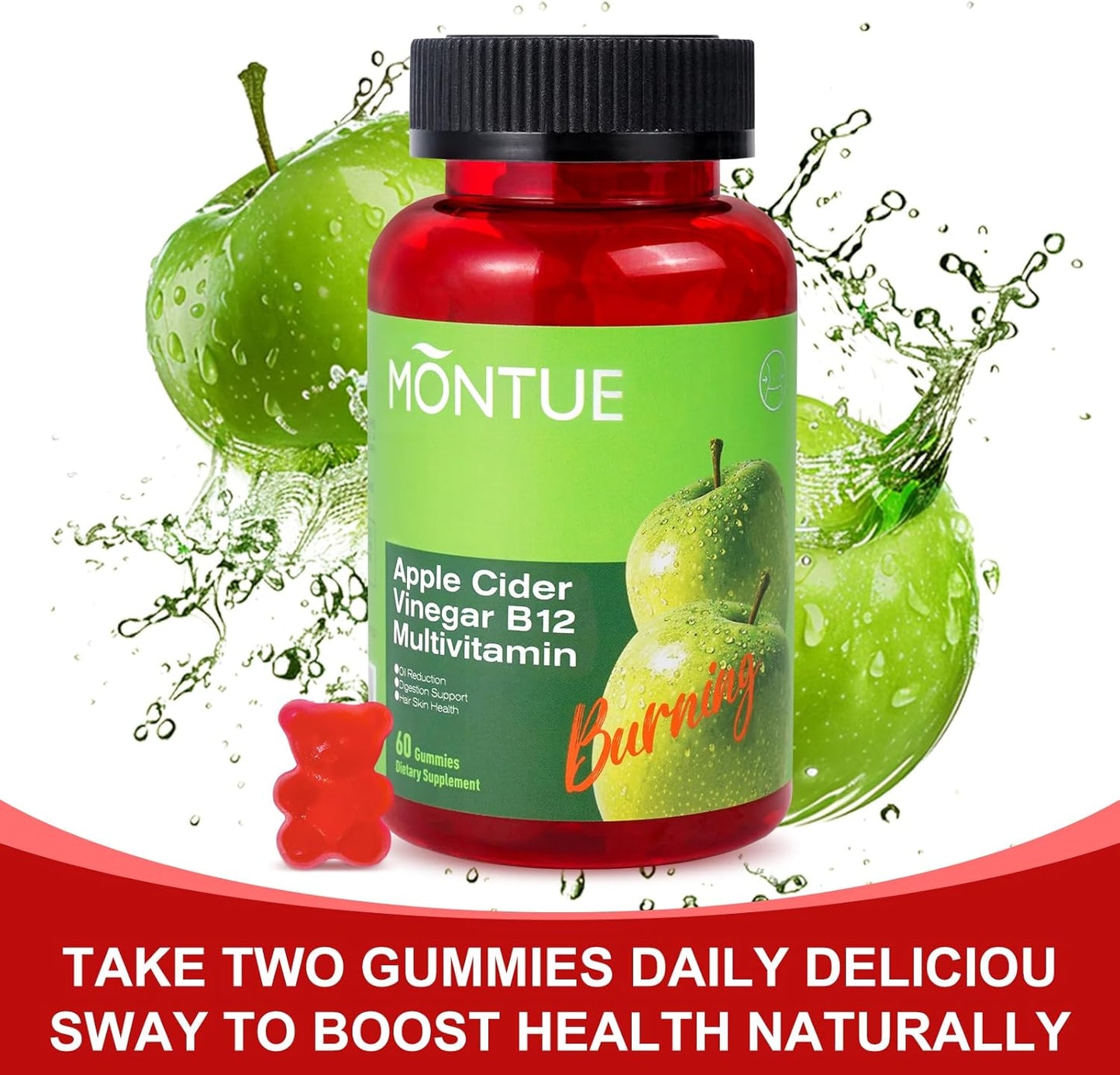 Montue Apple Cider Vinegar Gummies with B12 Multivitamin - Vegetarian ACV Supplement for Energy & Gut Health - 60 Gummies