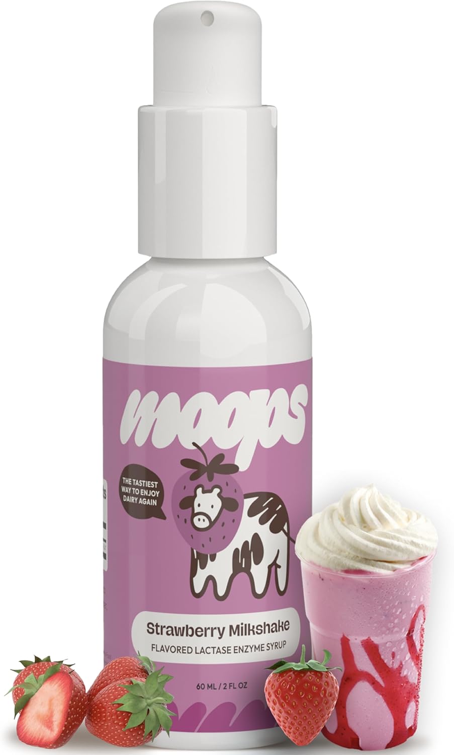 Moops Lactase Enzyme Drops 2oz - Strawberry Milkshake Flavor - 10,000 FCC Units - Fast Dairy Relief - Customizable Dosing - Twist-to-Lock Pump