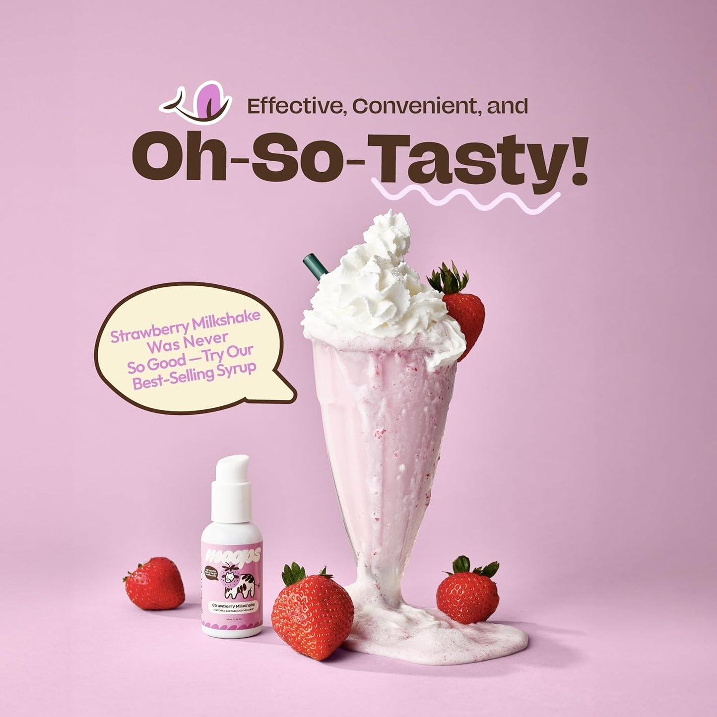 Moops Lactase Enzyme Drops 2oz - Strawberry Milkshake Flavor - 10,000 FCC Units - Fast Dairy Relief - Customizable Dosing - Twist-to-Lock Pump