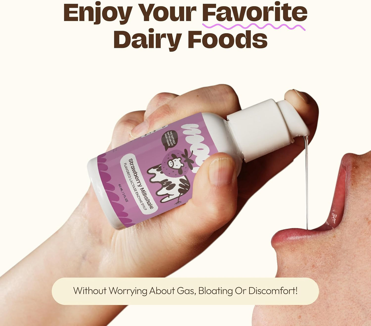 Moops Lactase Enzyme Drops 2oz - Strawberry Milkshake Flavor - 10,000 FCC Units - Fast Dairy Relief - Customizable Dosing - Twist-to-Lock Pump