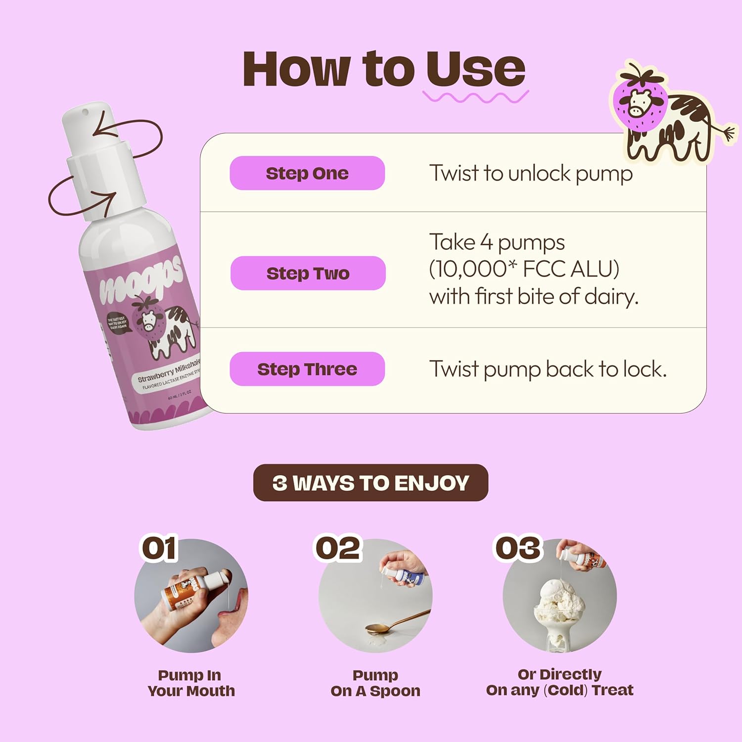 Moops Lactase Enzyme Drops 2oz - Strawberry Milkshake Flavor - 10,000 FCC Units - Fast Dairy Relief - Customizable Dosing - Twist-to-Lock Pump