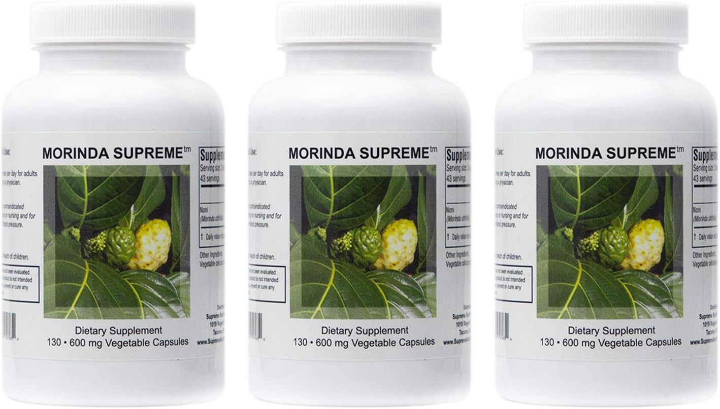 Morinda Supreme: 130 Whole Noni Fruit Vegetarian Capsules (3 Pack) - Supreme Nutrition