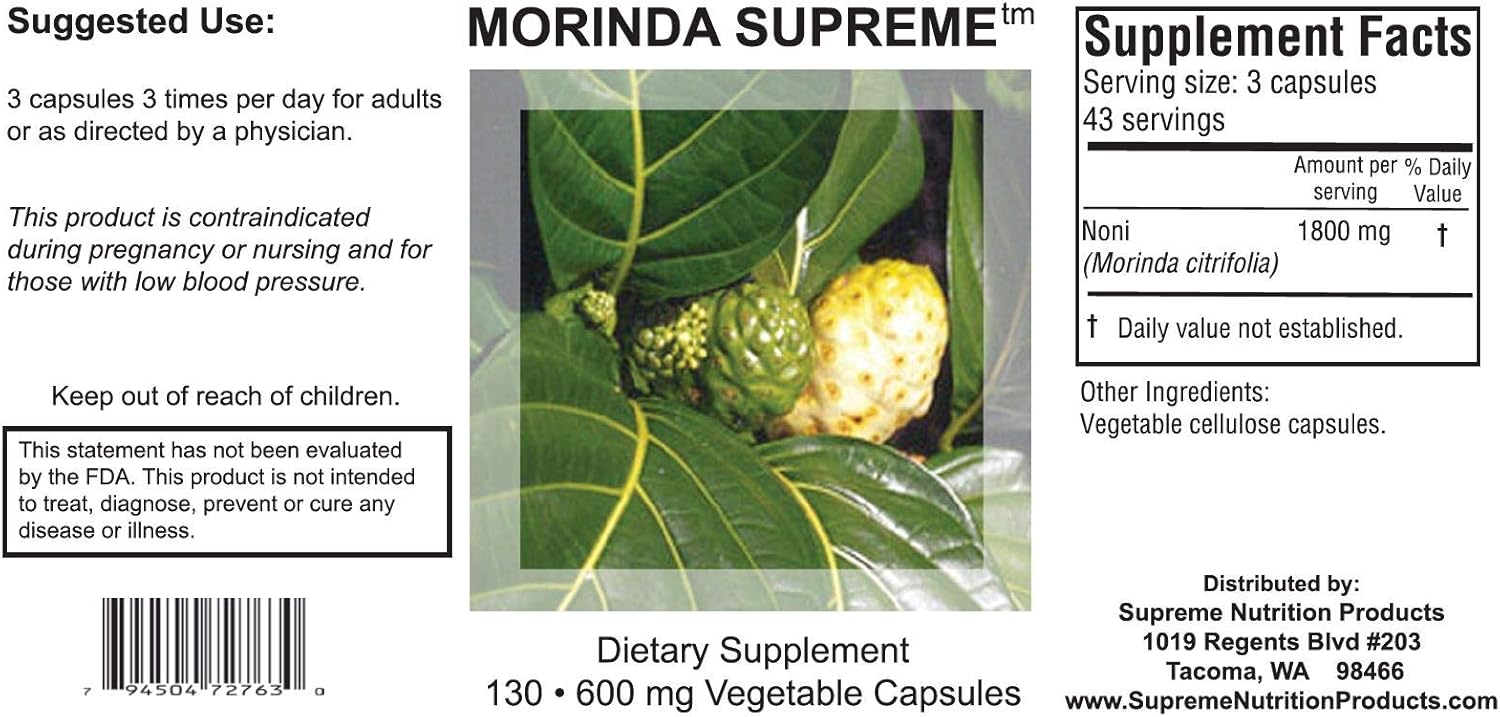 Morinda Supreme: 130 Whole Noni Fruit Vegetarian Capsules (3 Pack) - Supreme Nutrition