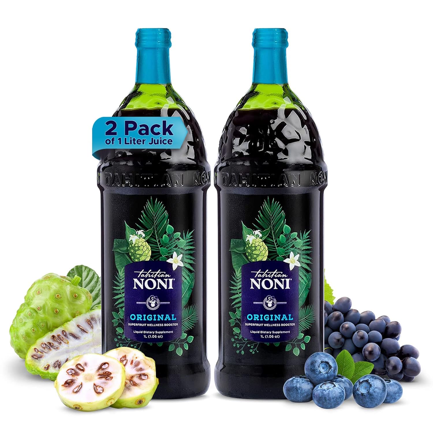 Morinda's Authentic Tahitian Noni Juice with Blueberry & Grape, 2 One Liter Bottles - Daily Wellness Drink