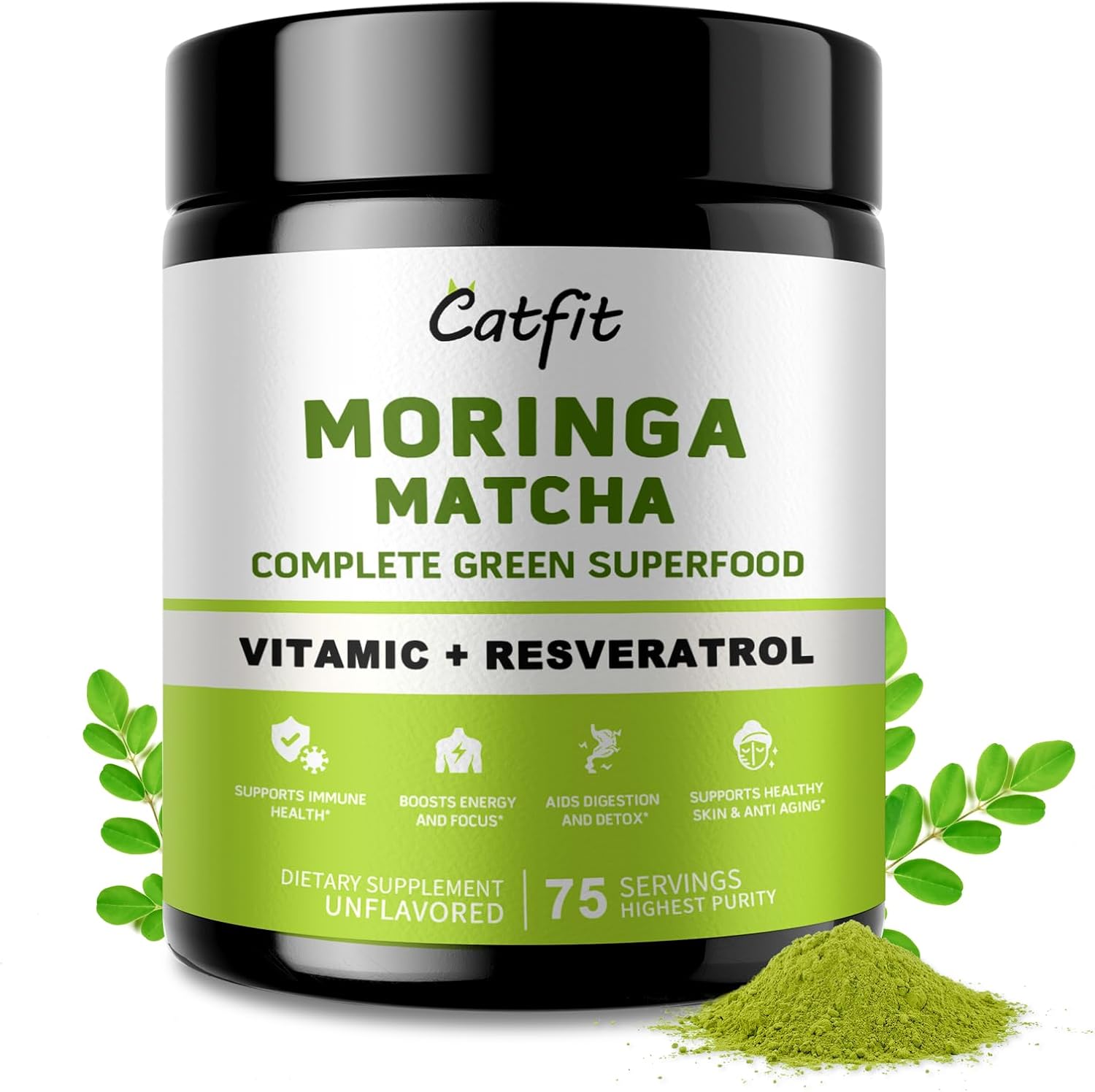 Moringa Superfood Powder Blend with Matcha, Green Tea & Resveratrol for Energy & Immune Support - Vegan & Gluten Free - 8oz
