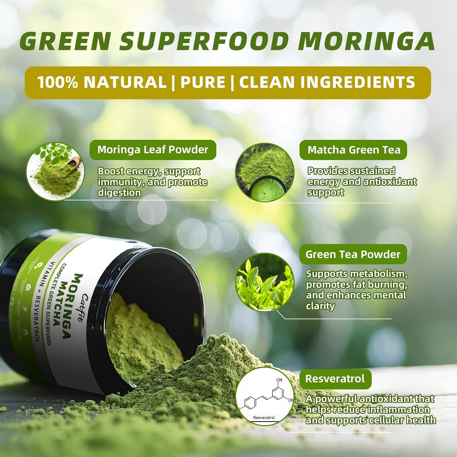 Moringa Superfood Powder Blend with Matcha, Green Tea & Resveratrol for Energy & Immune Support - Vegan & Gluten Free - 8oz