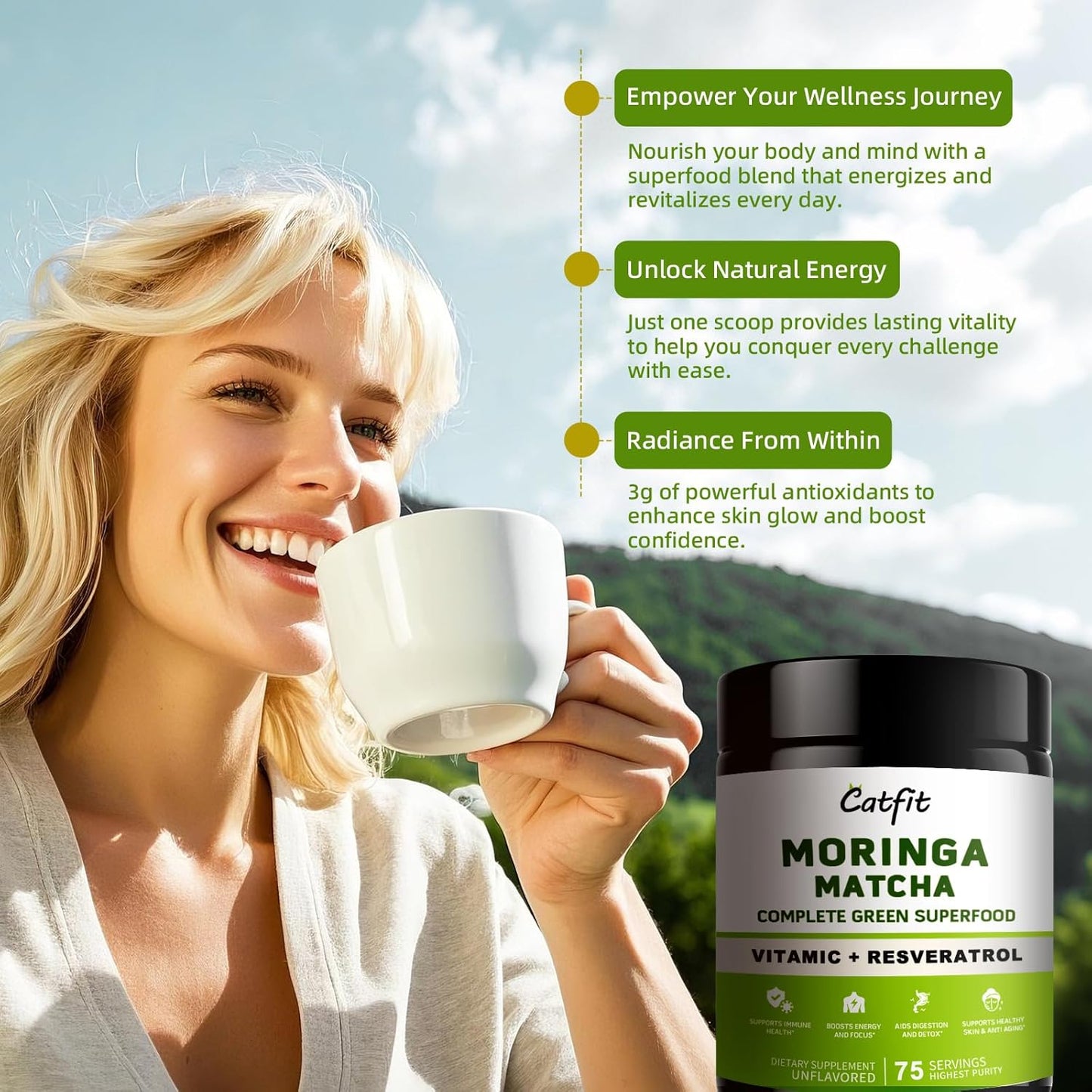 Moringa Superfood Powder Blend with Matcha, Green Tea & Resveratrol for Energy & Immune Support - Vegan & Gluten Free - 8oz