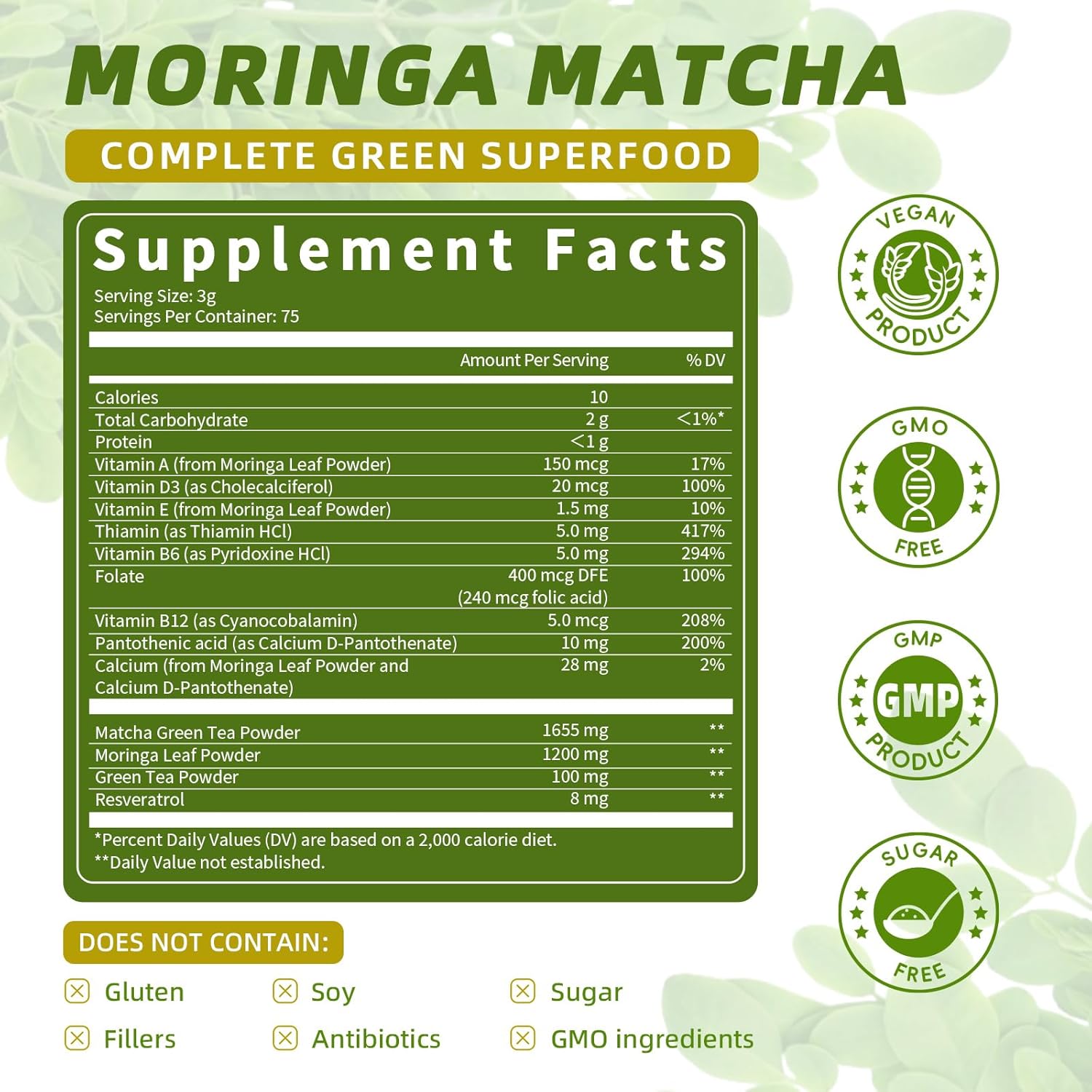 Moringa Superfood Powder Blend with Matcha, Green Tea & Resveratrol for Energy & Immune Support - Vegan & Gluten Free - 8oz