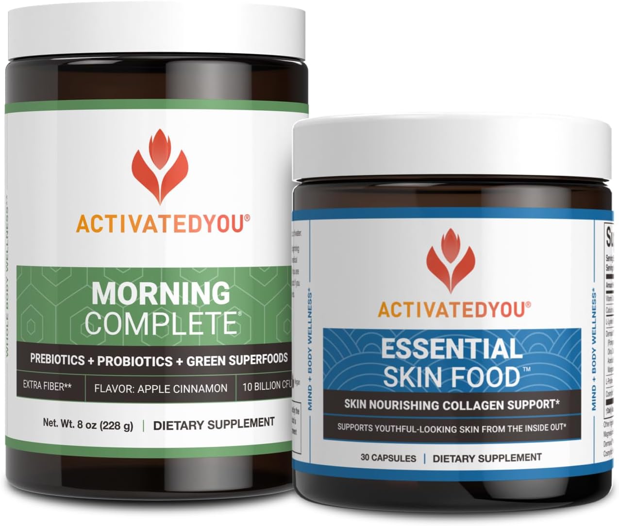 Morning Complete Prebiotics, Probiotics, Green Superfoods with Apple Cinnamon Flavor - Includes Essential Skin Food Collagen and Elastin Support - 30 Servings