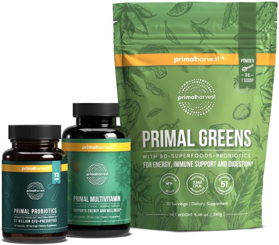 Morning Essentials Pack: Primal Harvest Multivitamin, Greens, & Probiotics for Daily Nutrition, Energy, & Gut Health - 3 Pack