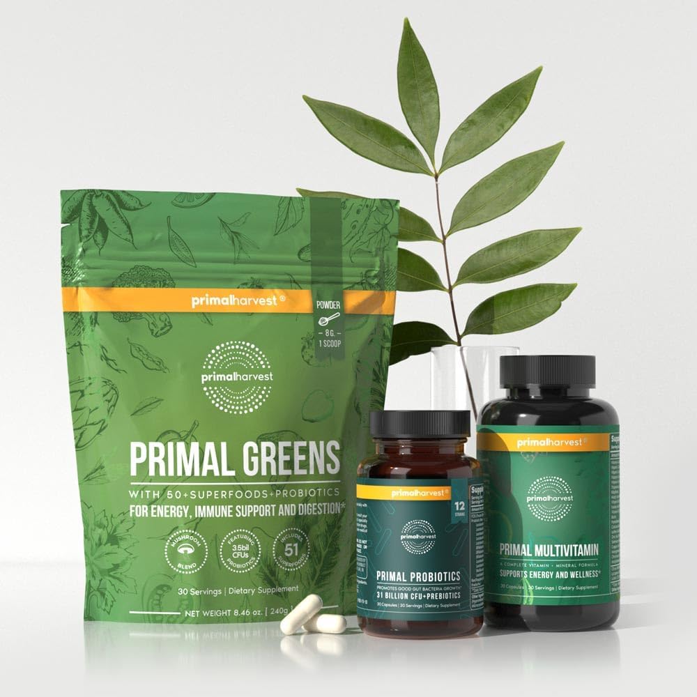 Morning Essentials Pack: Primal Harvest Multivitamin, Greens, & Probiotics for Daily Nutrition, Energy, & Gut Health - 3 Pack