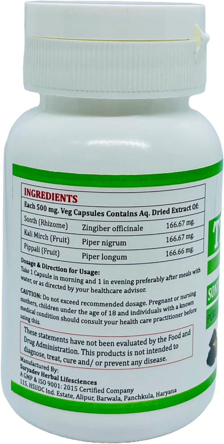 Morsan Nutraveda Trikatu Herbal Extract Capsules | Natural & Pure Blend of Pippali, Kali Mirch, Sonth | High Potency, 100% Herbal | 60X500mg Veg Capsules