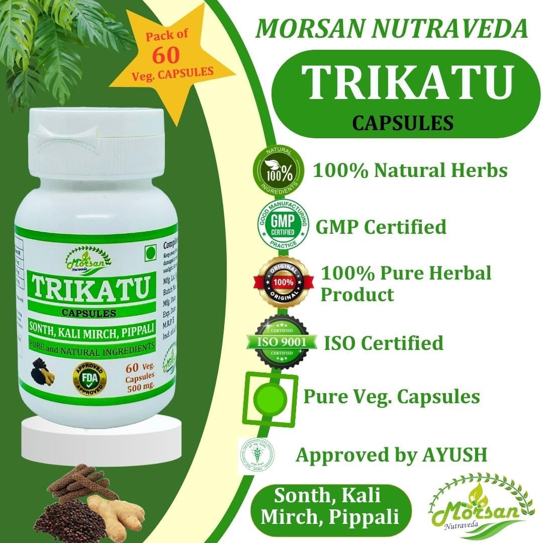Morsan Nutraveda Trikatu Herbal Extract Capsules | Natural & Pure Blend of Pippali, Kali Mirch, Sonth | High Potency, 100% Herbal | 60X500mg Veg Capsules