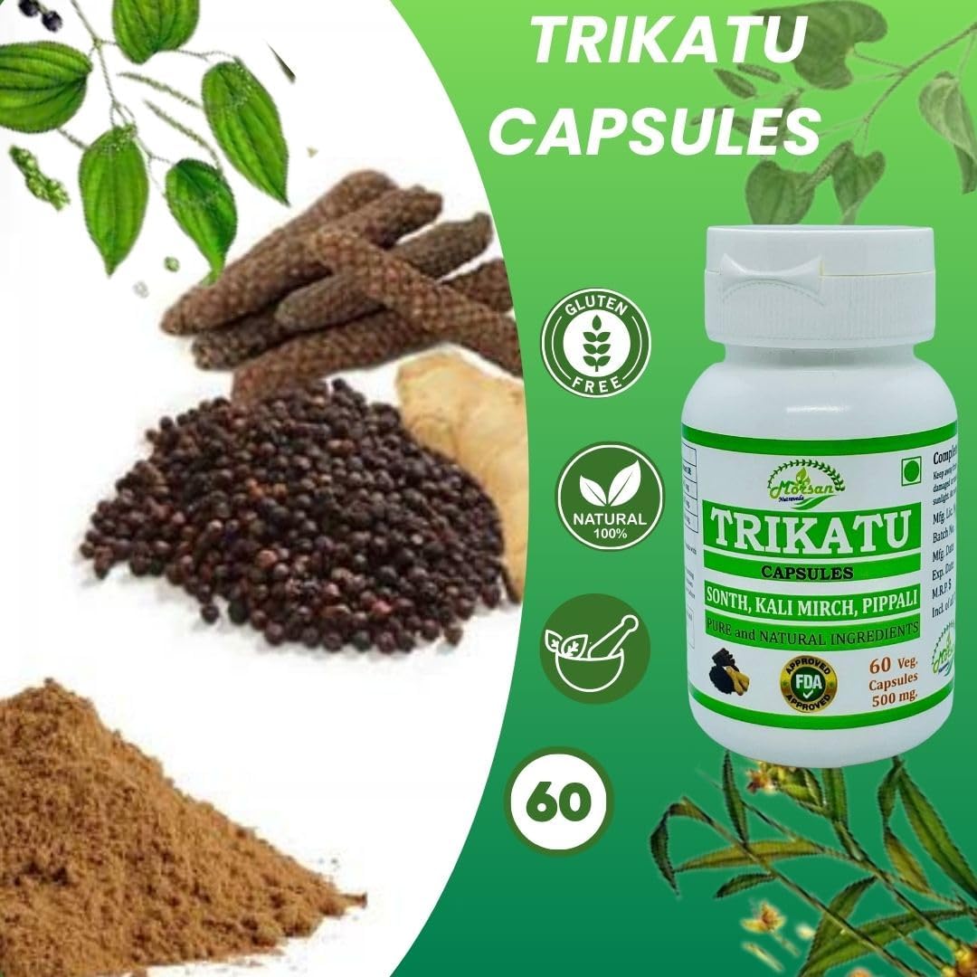 Morsan Nutraveda Trikatu Herbal Extract Capsules | Natural & Pure Blend of Pippali, Kali Mirch, Sonth | High Potency, 100% Herbal | 60X500mg Veg Capsules