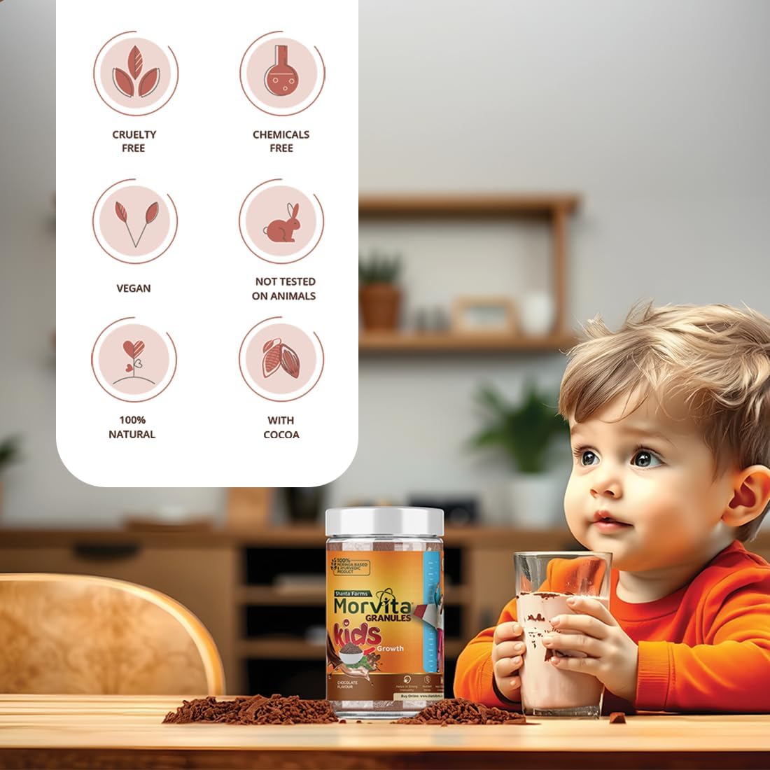 morvita Moringa Oleifera Powder for Kids - Chocolate Superfood Supplement (14.10 Oz) - Energy, Immune Support, Nutrient-Rich Boost - Vegan, Non-GMO, Gluten-Free