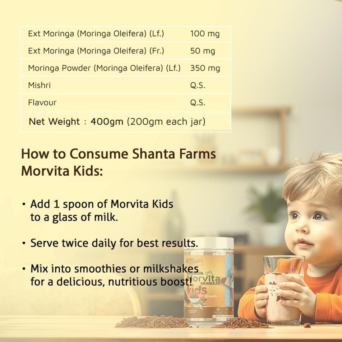 morvita Moringa Oleifera Powder for Kids - Chocolate Superfood Supplement (14.10 Oz) - Energy, Immune Support, Nutrient-Rich Boost - Vegan, Non-GMO, Gluten-Free