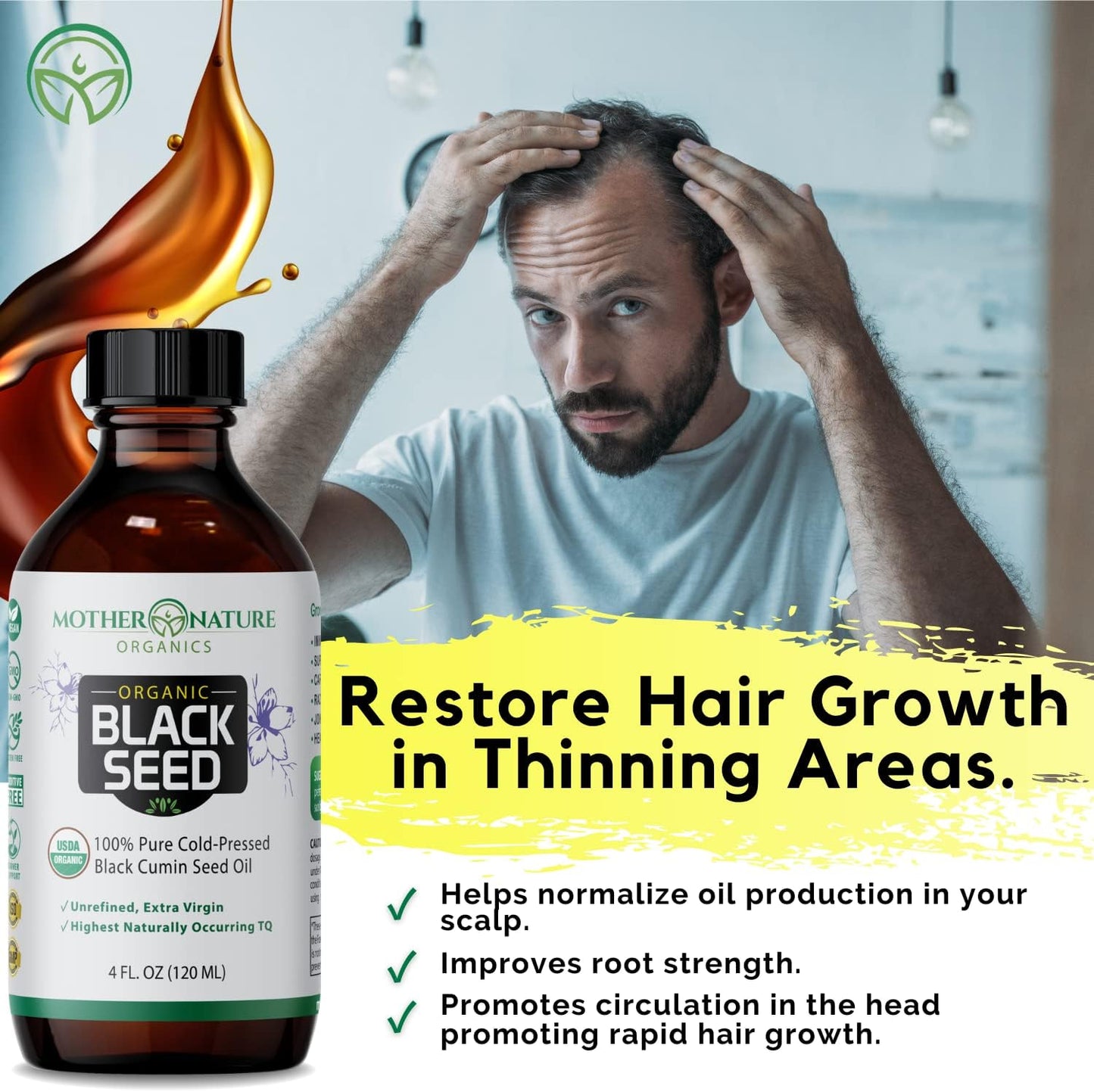 Mother Nature Organic Black Seed Oil - Cold Pressed, Unrefined, 100% Pure Turkish Cumin Seed Oil - 4oz Glass Bottle - Superfood for Digestion, Joints, Hair & Skin