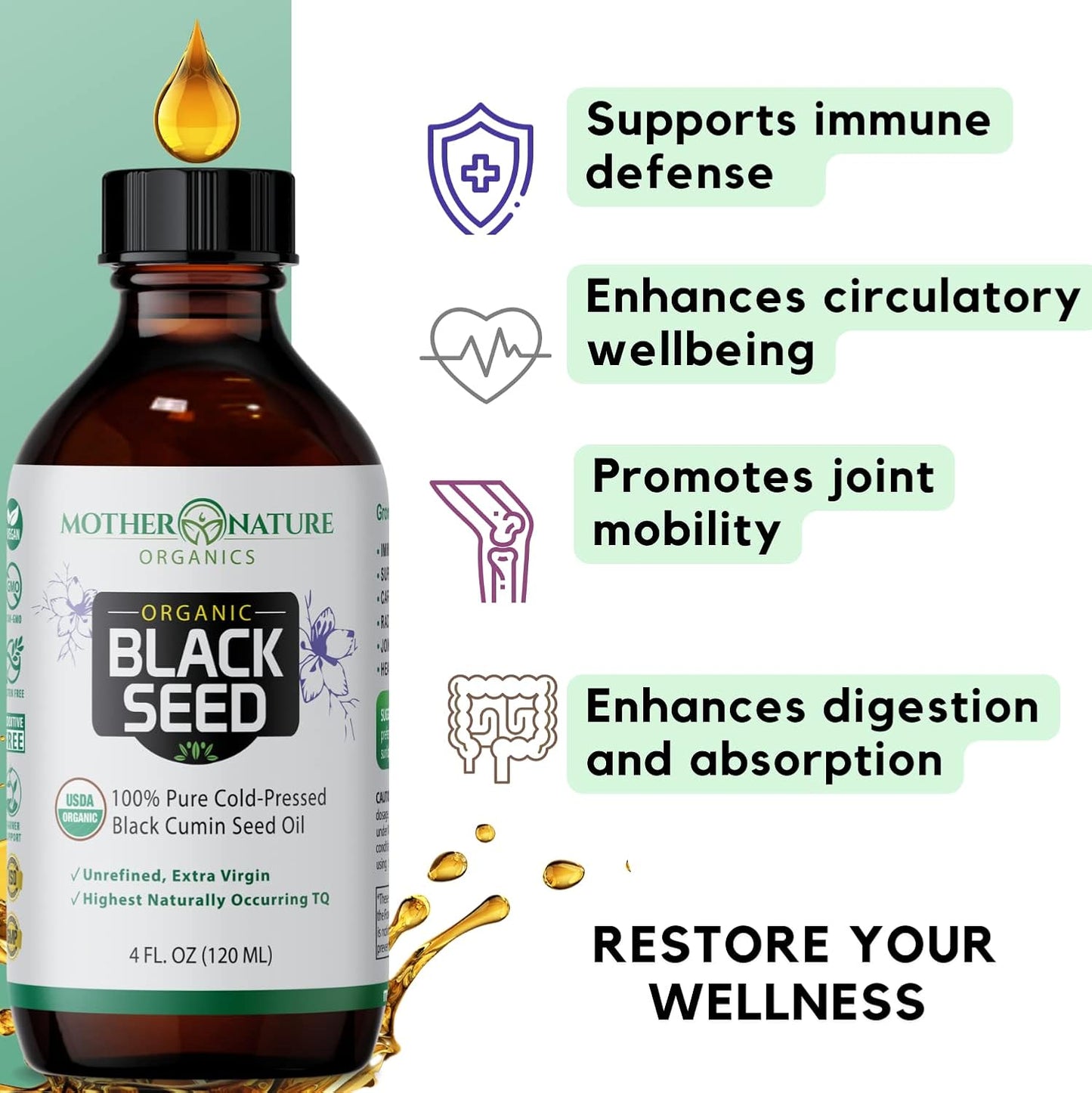 Mother Nature Organic Black Seed Oil - Cold Pressed, Unrefined, 100% Pure Turkish Cumin Seed Oil - 4oz Glass Bottle - Superfood for Digestion, Joints, Hair & Skin