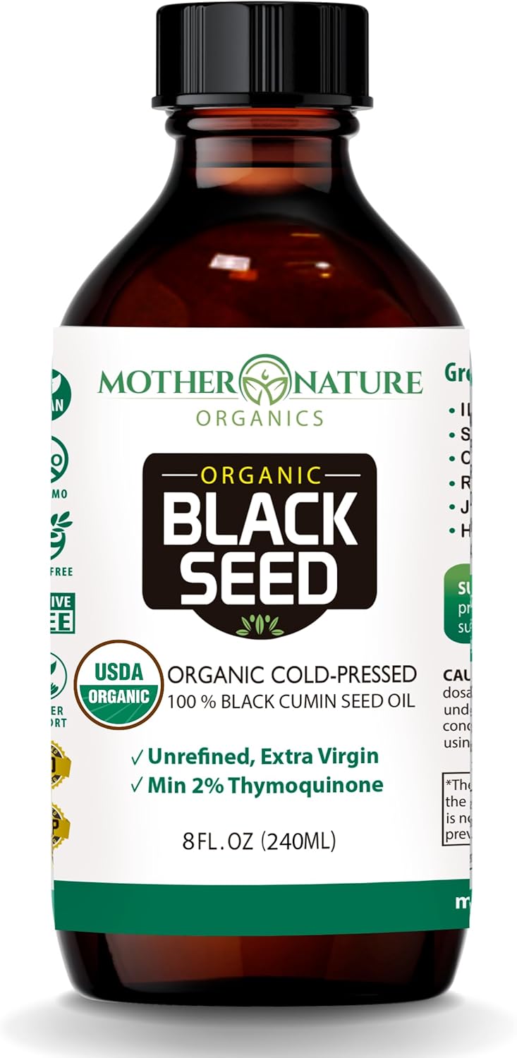 Mother Nature Organics Black Seed Oil - 100% Pure Turkish Cumin Seed Oil for Digestion, Joints, Hair & Skin - Cold Pressed & Unrefined - 8oz Glass Bottle